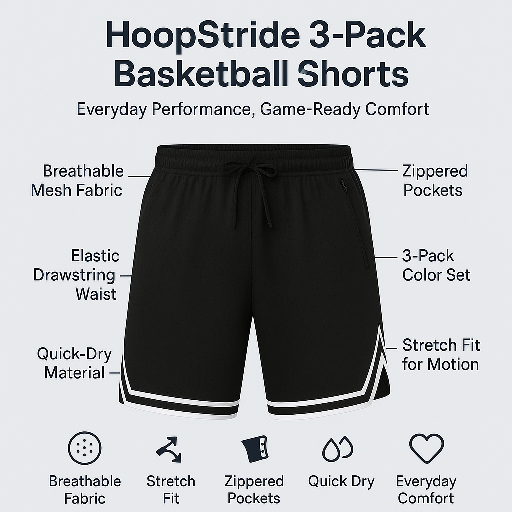 HoopStride 3-Pack Men’s Basketball Shorts – Breathable & Zippered