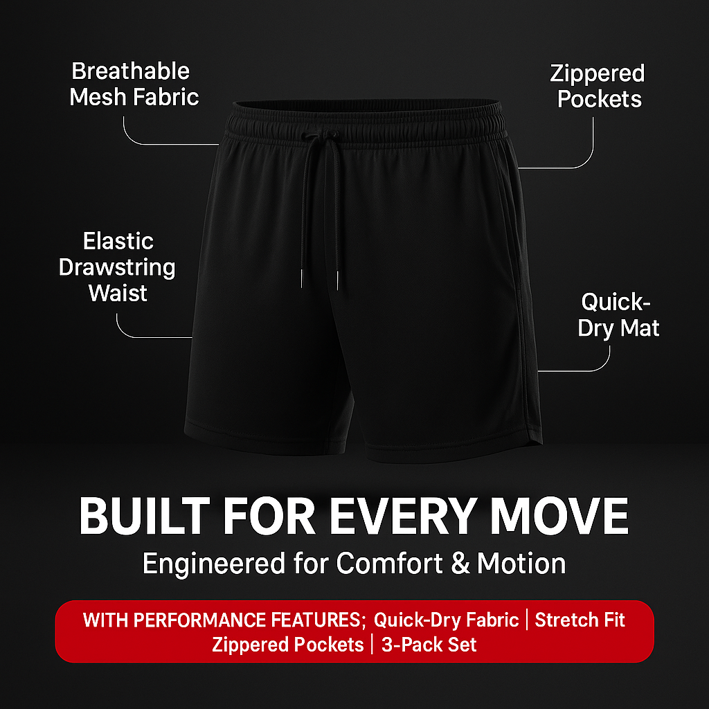 HoopStride 3-Pack Men’s Basketball Shorts – Breathable & Zippered