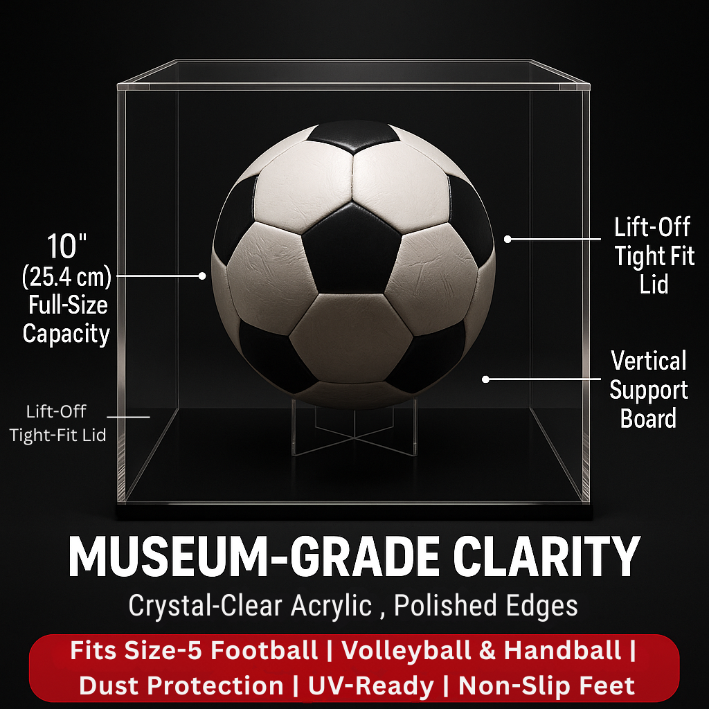 TrophyCube Elite – Acrylic Football Display Case with Stand