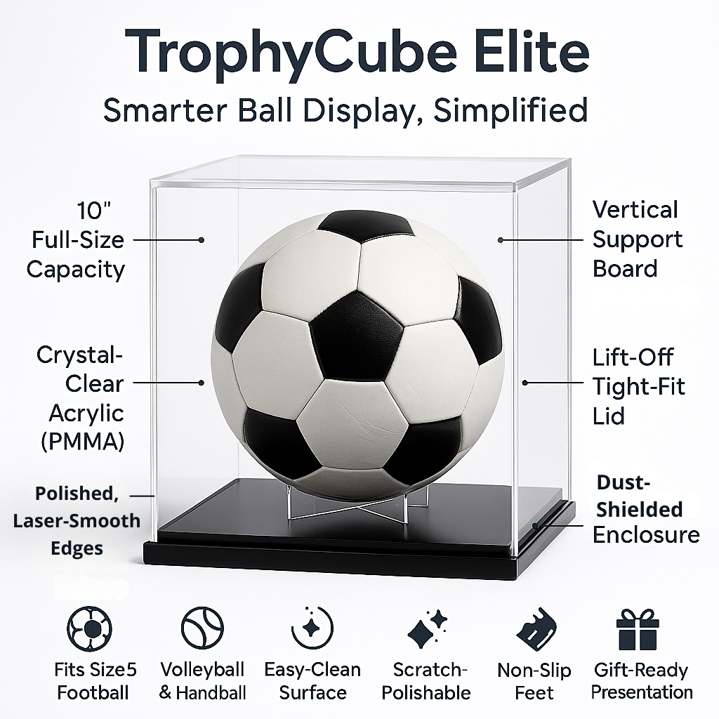 TrophyCube Elite – Acrylic Football Display Case with Stand