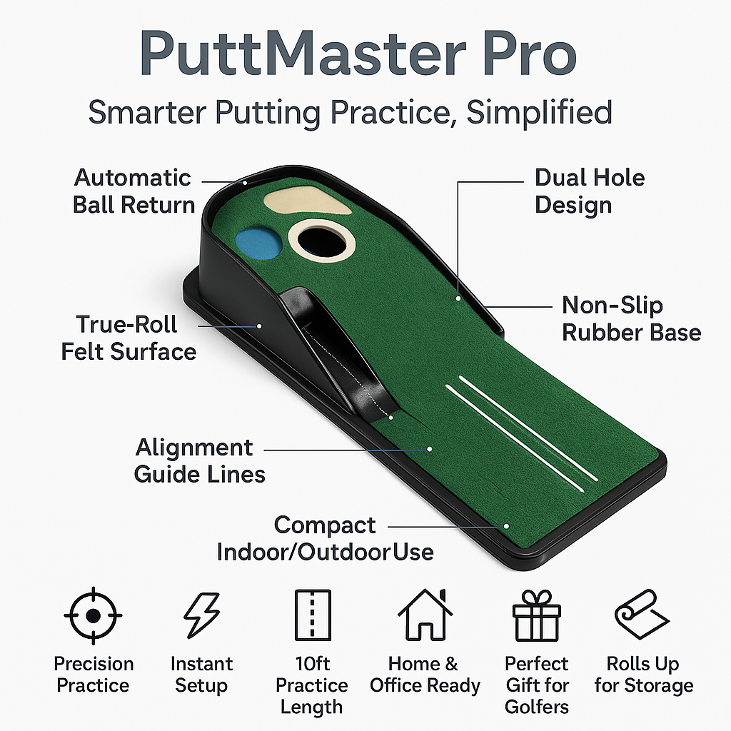 PuttMaster Pro – Indoor Golf Putting Mat with Automatic Ball Return