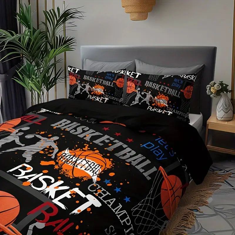 HoopDreams Basketball Bedding Set – 3-Piece Graffiti Duvet Cover & Pillowcases