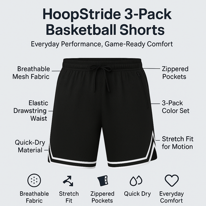 HoopStride 3-Pack Men’s Basketball Shorts – Breathable & Zippered