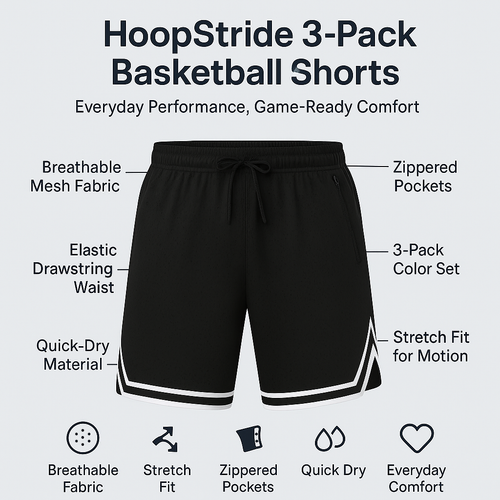 HoopStride 3-Pack Men’s Basketball Shorts – Breathable & Zippered