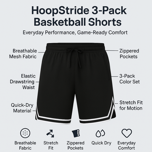 HoopStride 3-Pack Men’s Basketball Shorts – Breathable & Zippered
