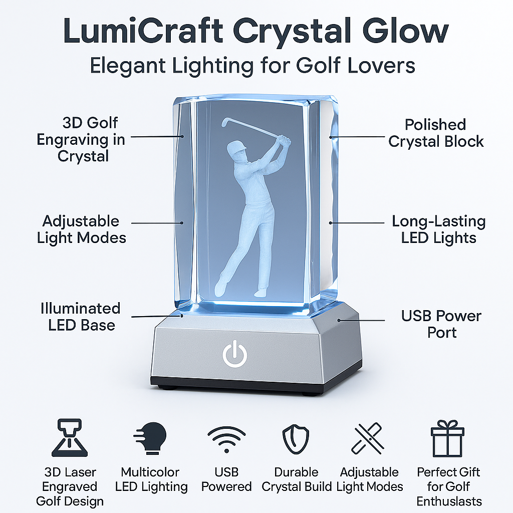 LumiCraft Crystal Glow – 3D Engraved Golfer LED Night Light