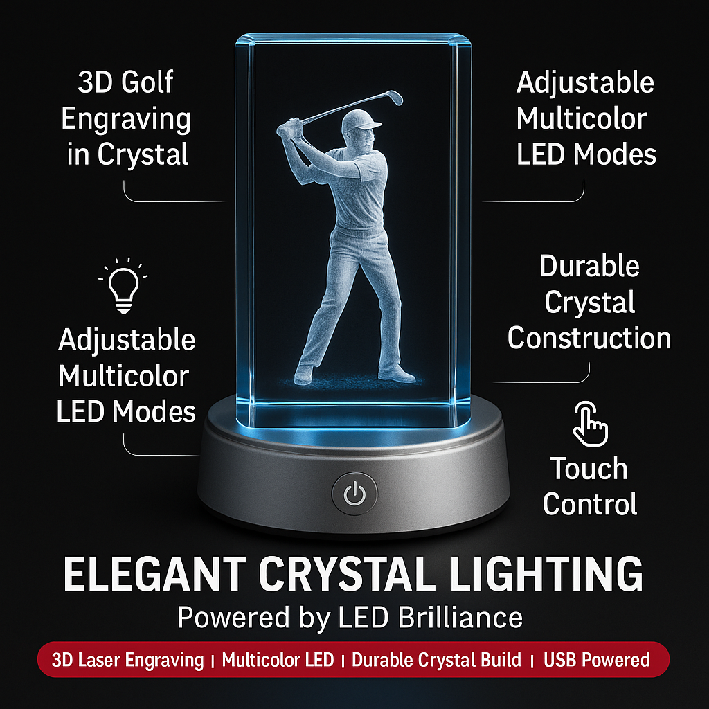LumiCraft Crystal Glow – 3D Engraved Golfer LED Night Light