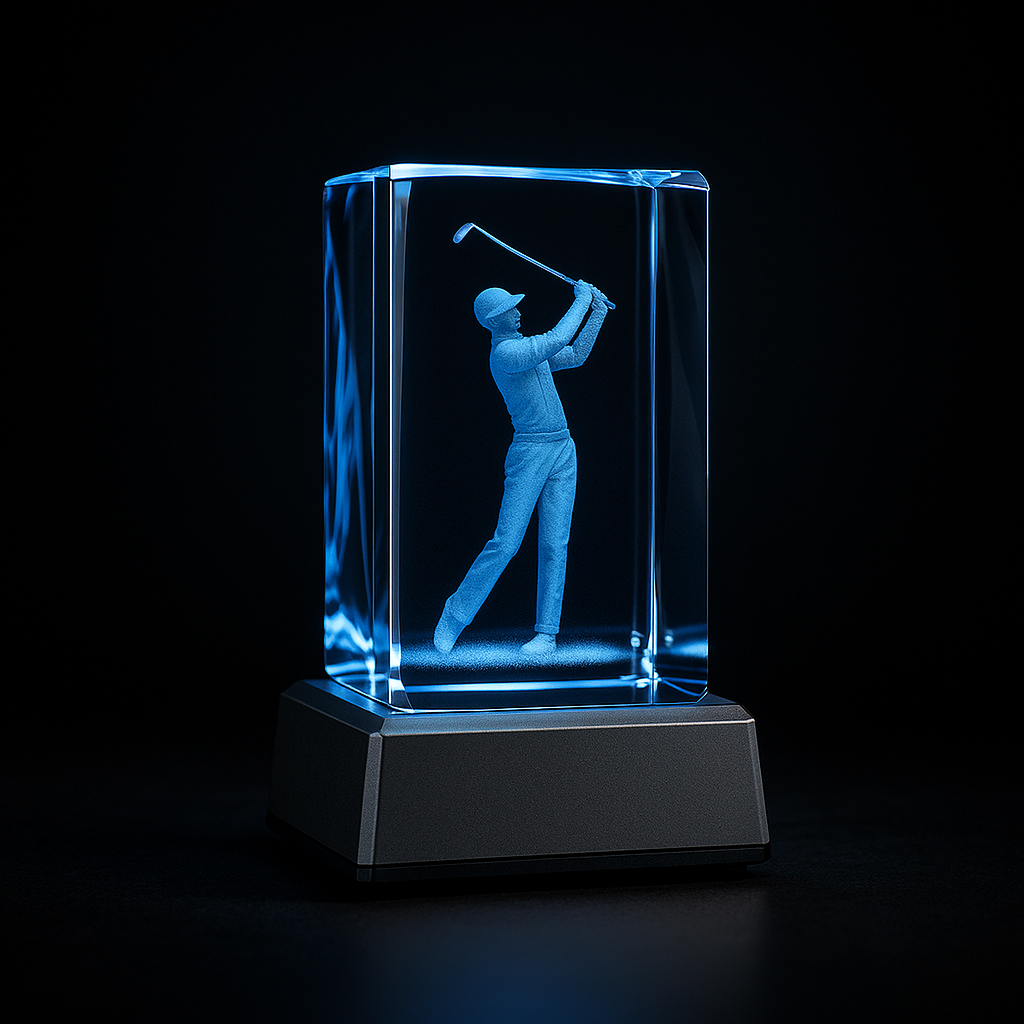 LumiCraft Crystal Glow – 3D Engraved Golfer LED Night Light