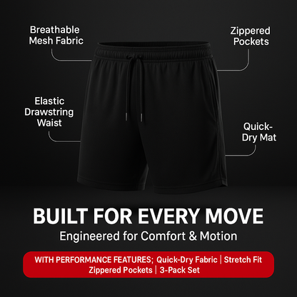 HoopStride 3-Pack Men’s Basketball Shorts – Breathable & Zippered