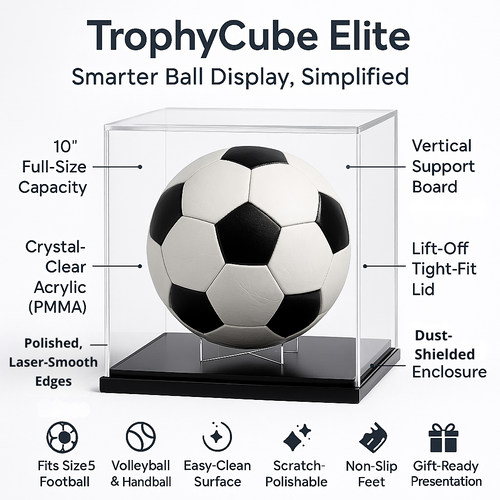 TrophyCube Elite – Acrylic Football Display Case with Stand