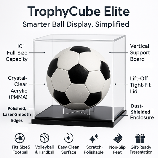 TrophyCube Elite – Acrylic Football Display Case with Stand